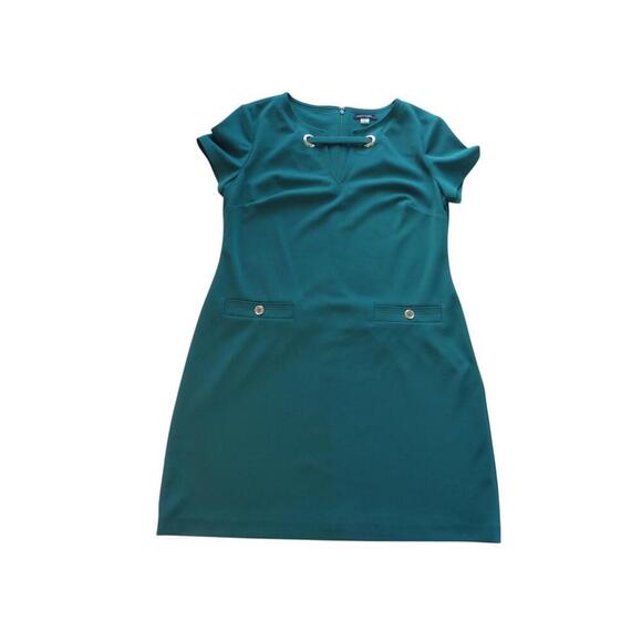 Elegant Teal Shift Dress with Decorated Neckline - Picture 1 of 7